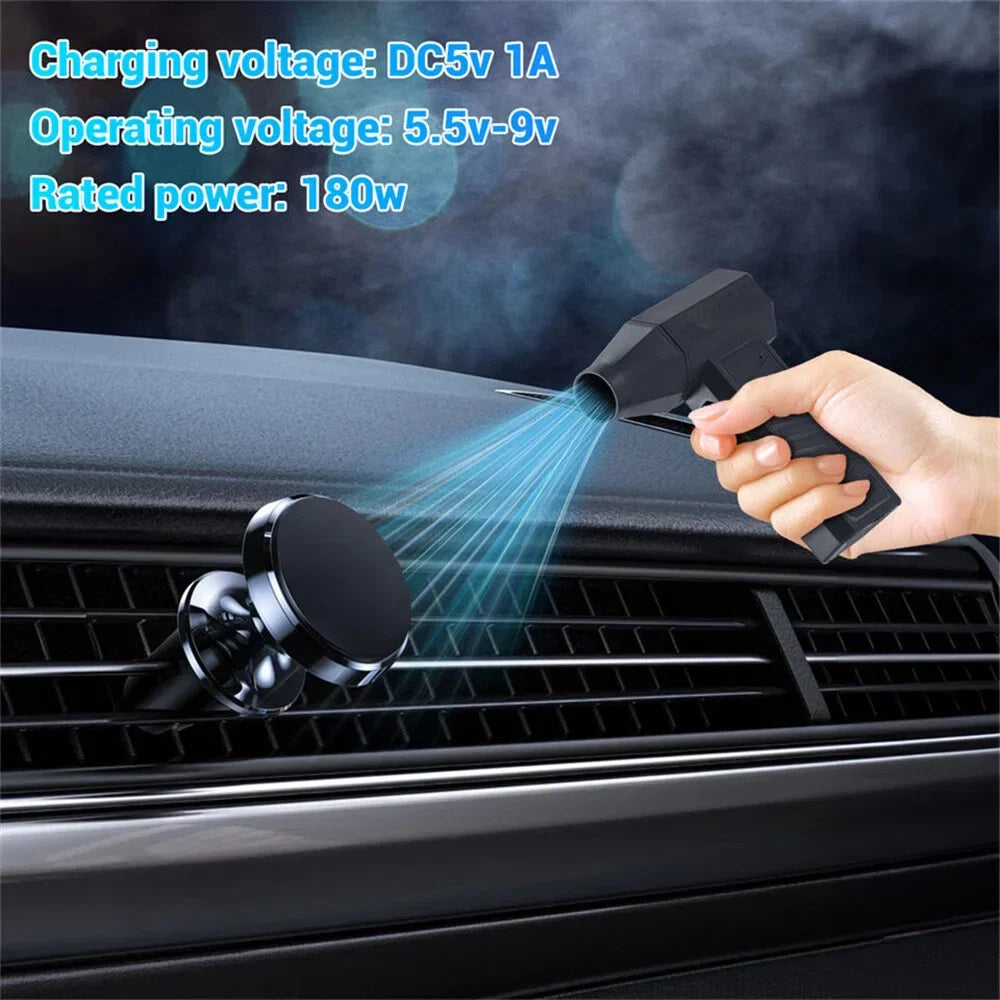 Unisex portable electric air blower with USB recharge. Cordless duster for versatile cleaning of electronics.