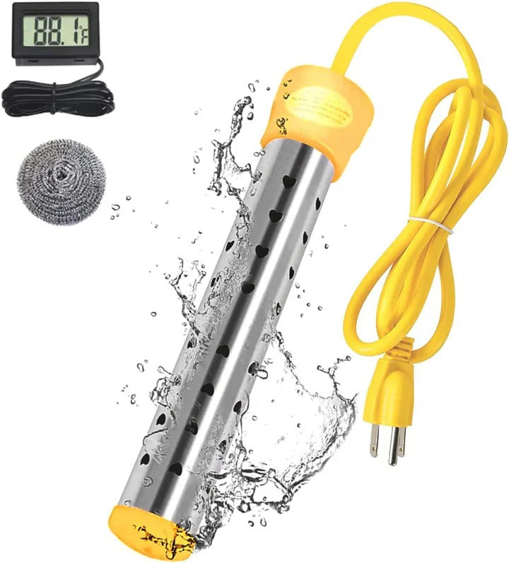 Portable electric immersion water heater for quick hot water, ideal for travel, camping, or home use.