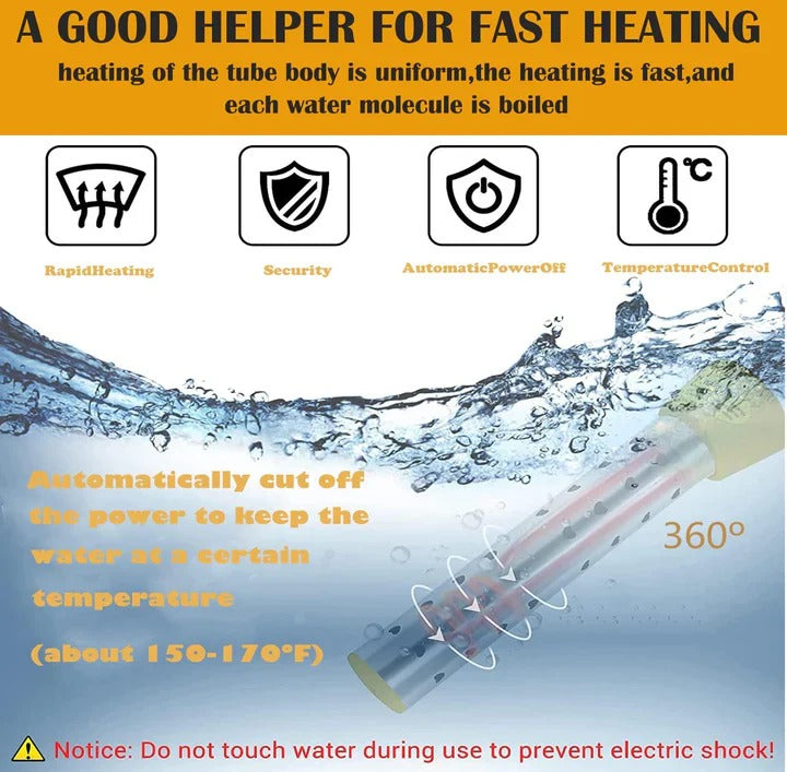 Travel-friendly immersion heater with safety features for heating water in buckets while camping.