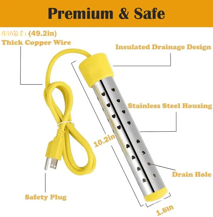 Efficient electric immersion water heater for heating buckets, great for camping, RVs, or daily tasks.