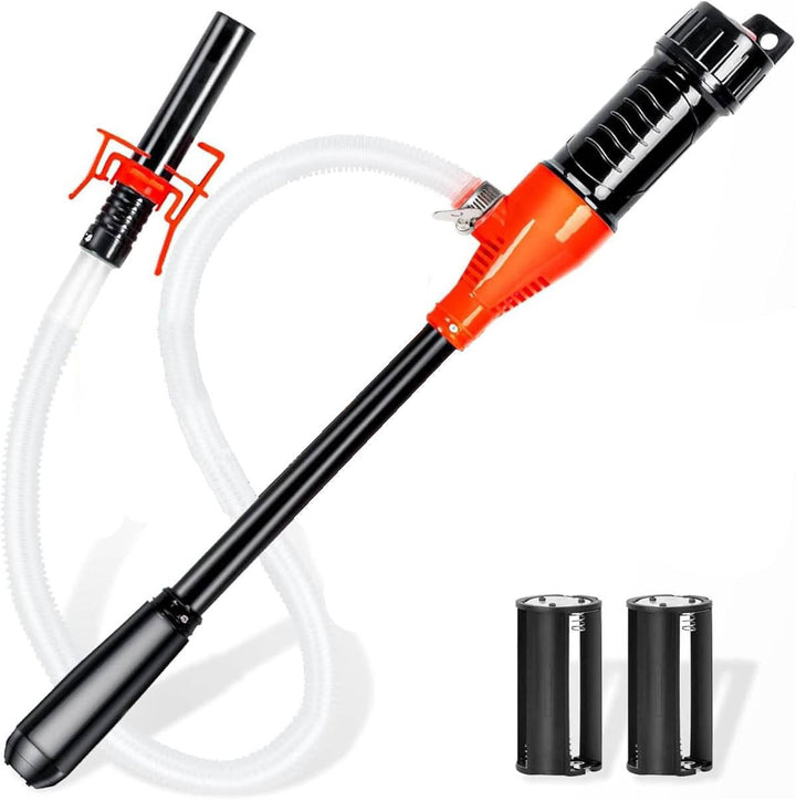 Portable electric siphon pump for easy fuel, gas, and water transfer. Ideal for utility, garage, boat, and emergency use.