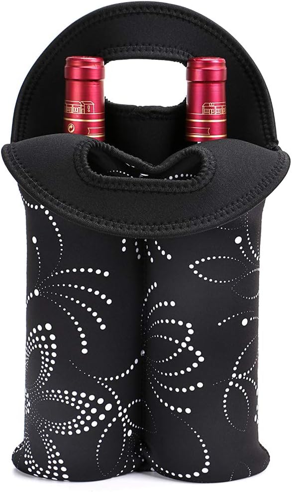 Compact neoprene wine bottle carrier, a travel essential.