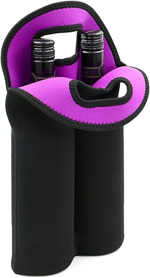 Insulated wine tote for two bottles, keeps drinks chilled.