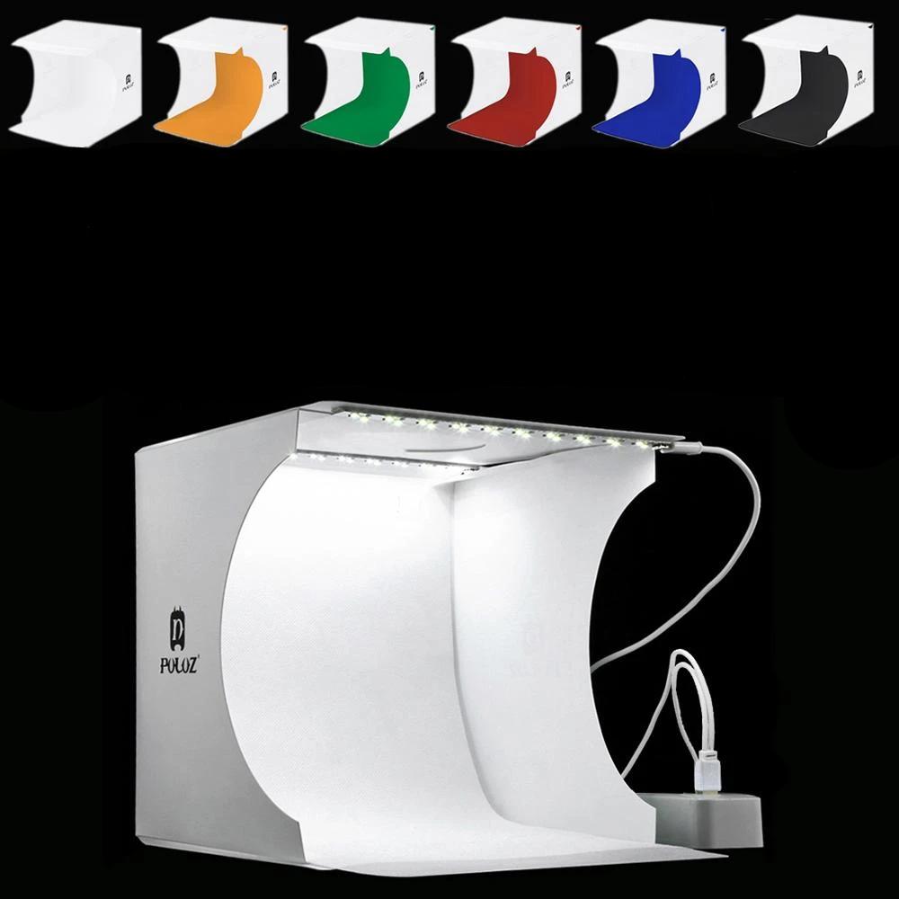 Mini photo studio lightbox with built-in LED lighting for professional product photography.