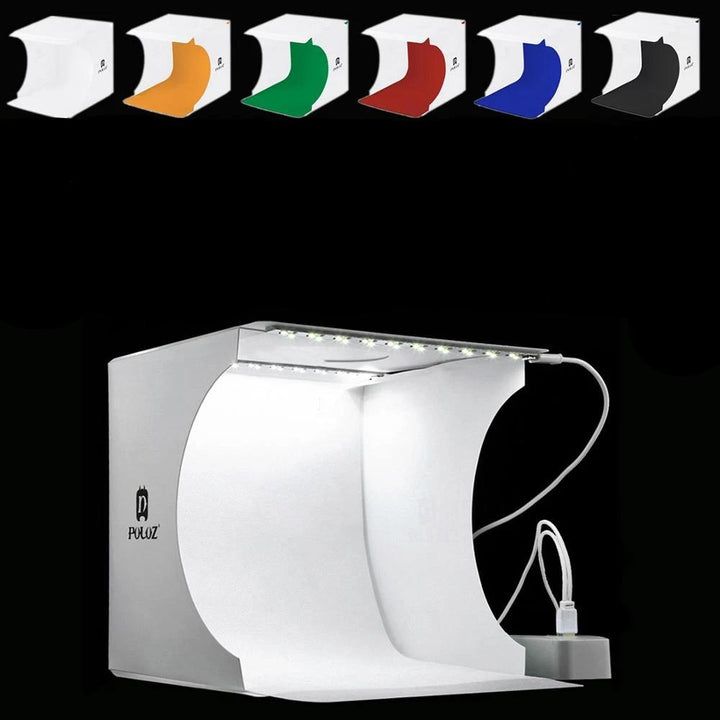 Mini photo studio lightbox with built-in LED lighting for professional product photography.