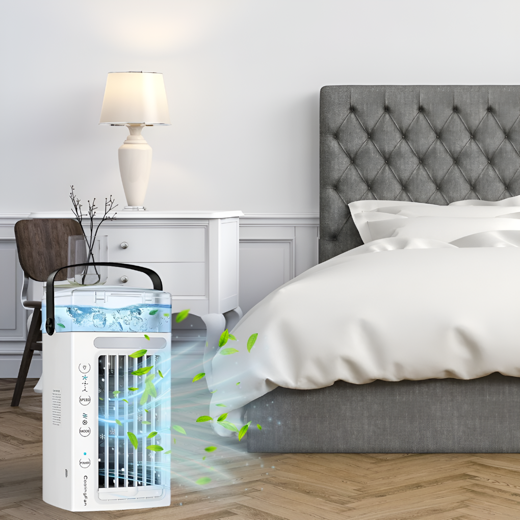 Portable personal air cooler with top handle, ideal for instant relief at your desk, home, or office.