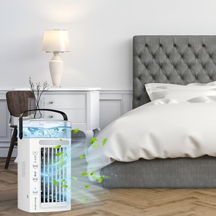 Portable personal air cooler with top handle, ideal for instant relief at your desk, home, or office.