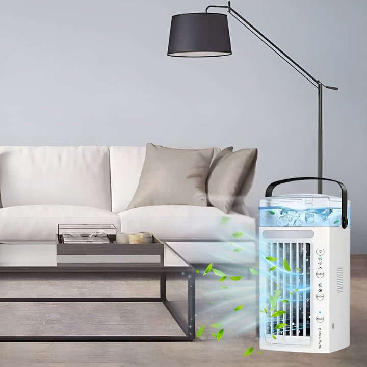 Compact desktop air cooler delivers instant personal cooling. A summer essential mini fan for home & office comfort.