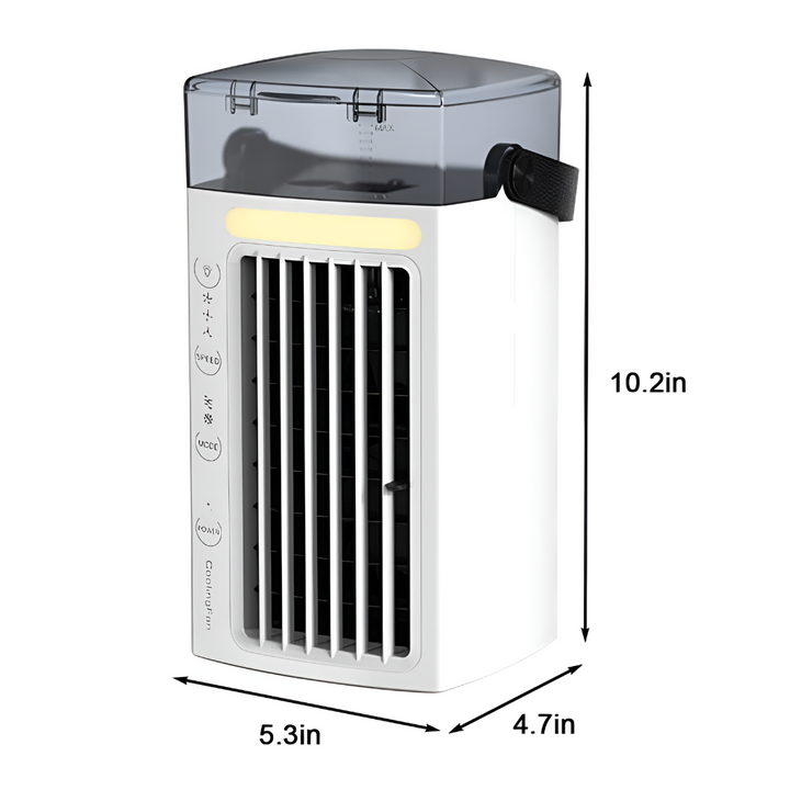 Sleek portable air cooler with top handle for easy carrying & instant relief. Perfect compact fan for outdoor cooling.