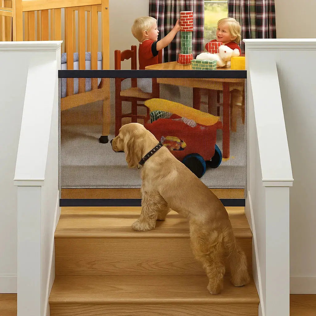 Portable pet safety gate for dogs & cats, flexible & secure, perfect for indoor or outdoor use.