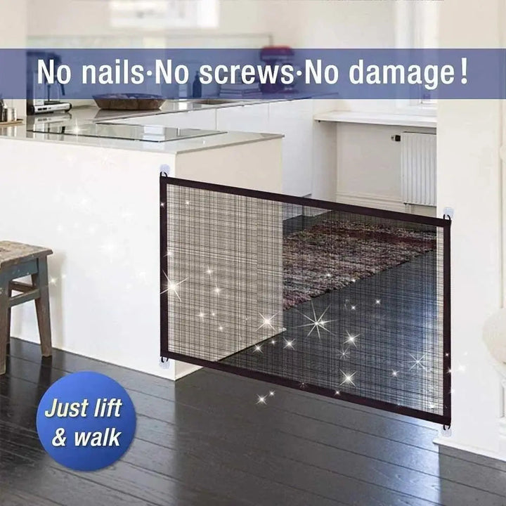Indoor pet safety gate, flexible & secure barrier for dogs & cats, easily installed in doorways or stairs.