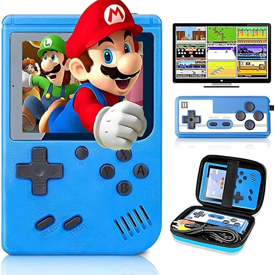 Portable retro handheld gaming console with 400 classic video games for travel and nostalgic fun.