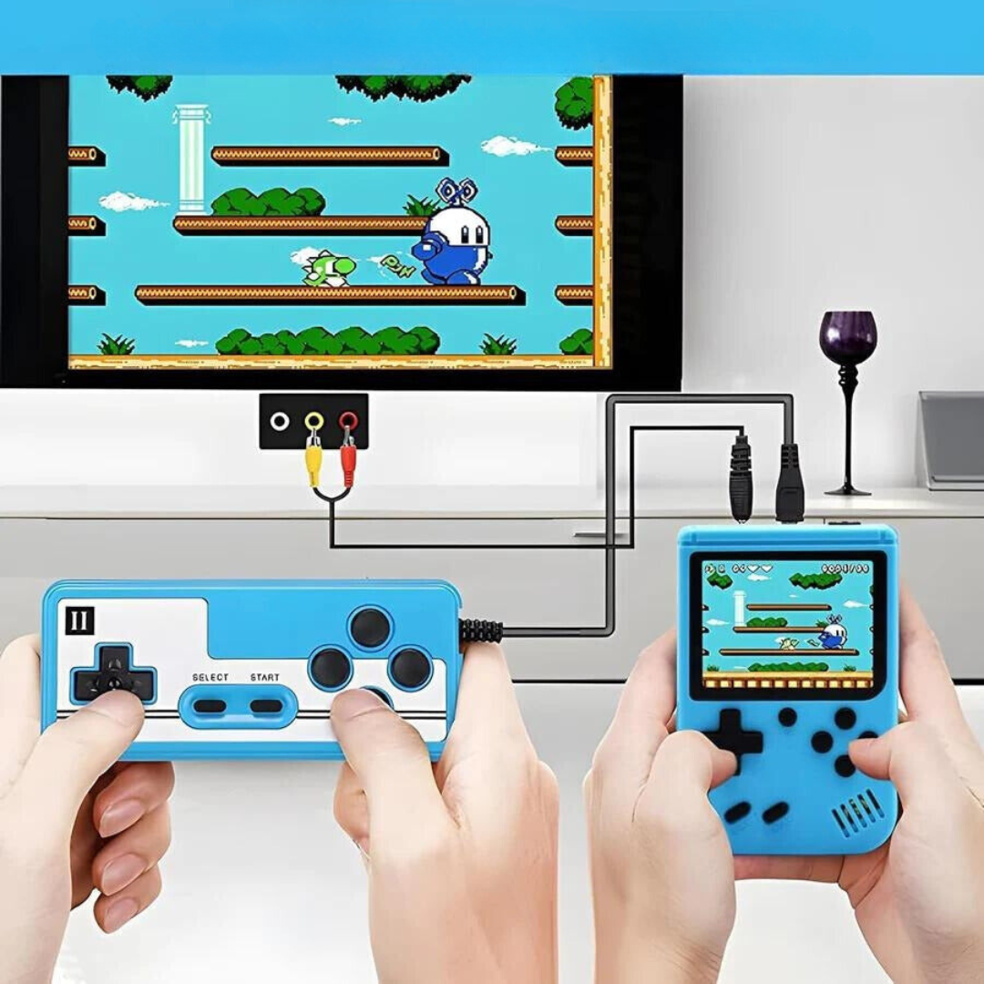 Retro handheld gaming console with 400 classic games, offering a complete portable gaming system experience.