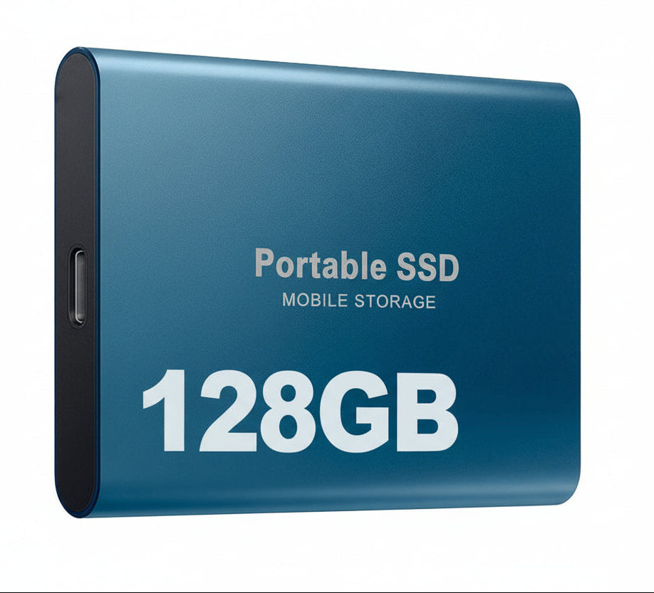 Close-up of a compact 128GB portable SSD, a high-speed external hard drive for modern devices.