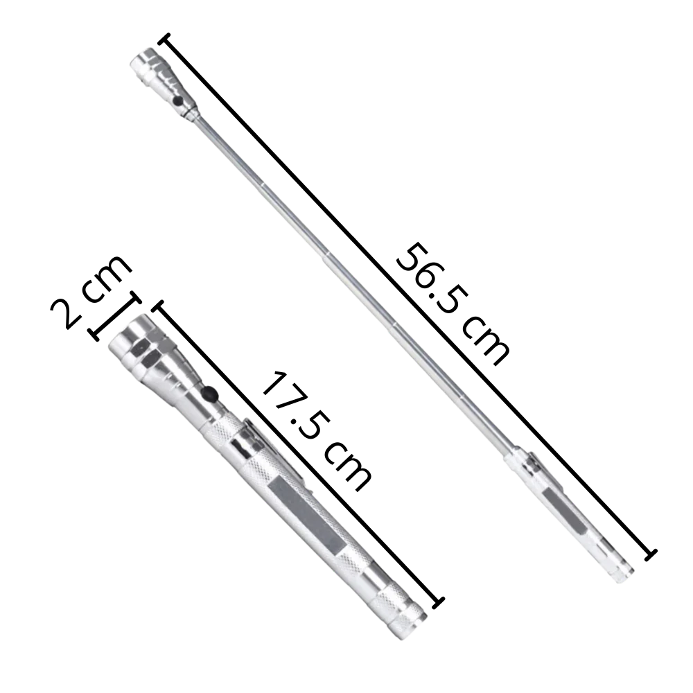 Portable telescopic magnetic LED flashlight with flexible neck, durable metal body, and luminous LEDs for versatile use.