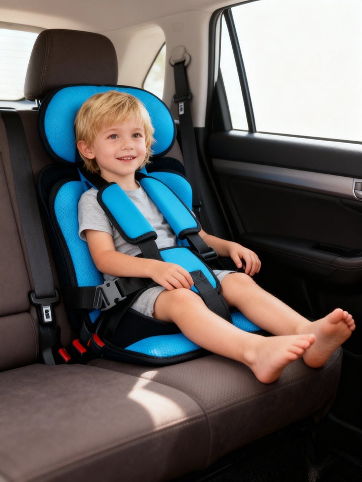 Portable travel car seat for toddlers, compact child safety booster with 5-point harness.