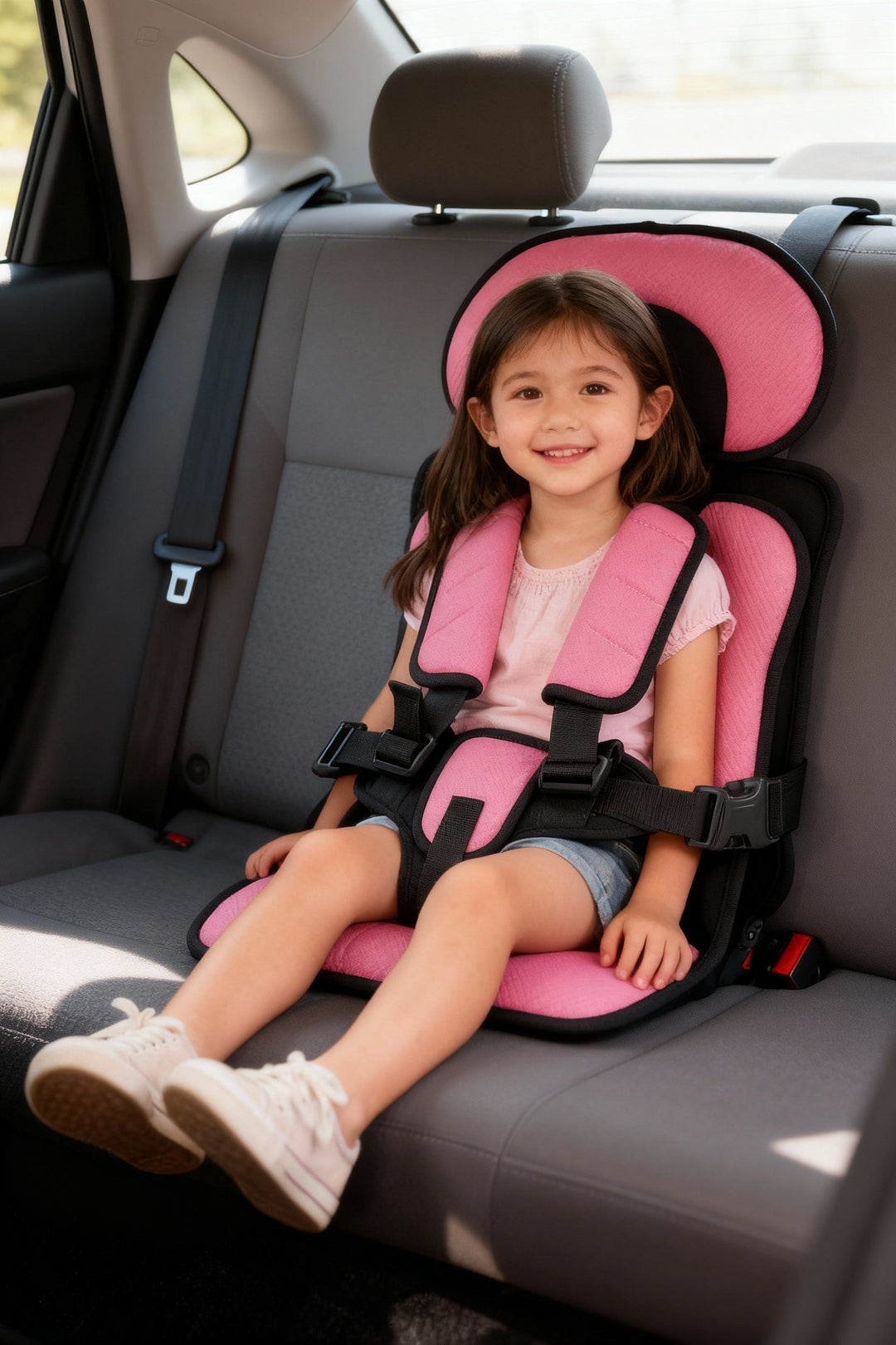 Foldable travel booster for kids, making car journeys safer and simpler.