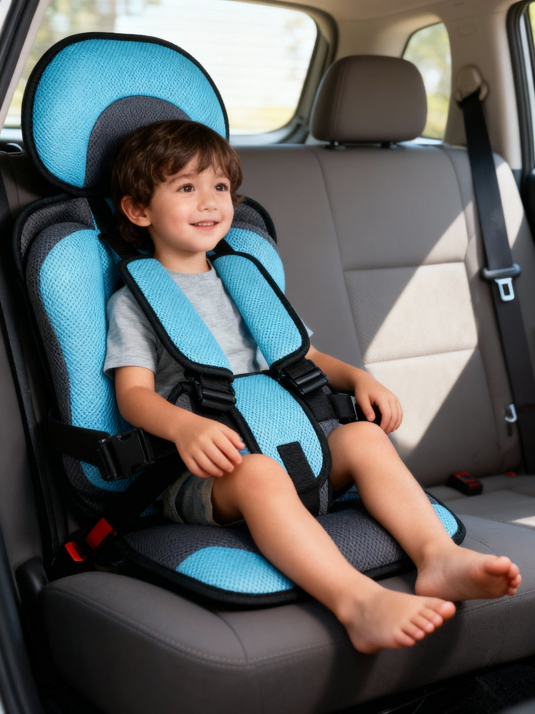 Child safety harness seat, a portable booster for secure travel in cars.
