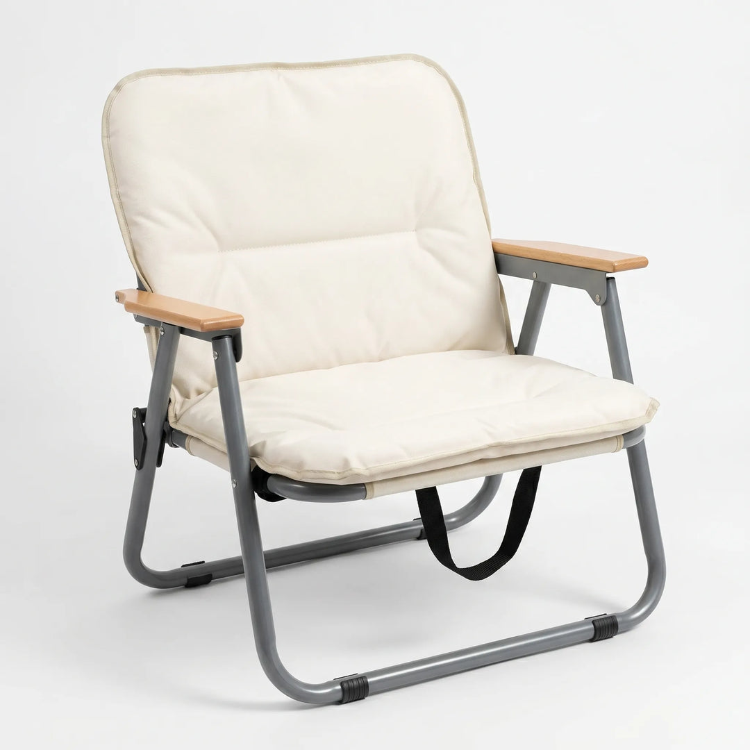 Sturdy two-person folding outdoor sofa for comfortable camping, patio, and travel relaxation.