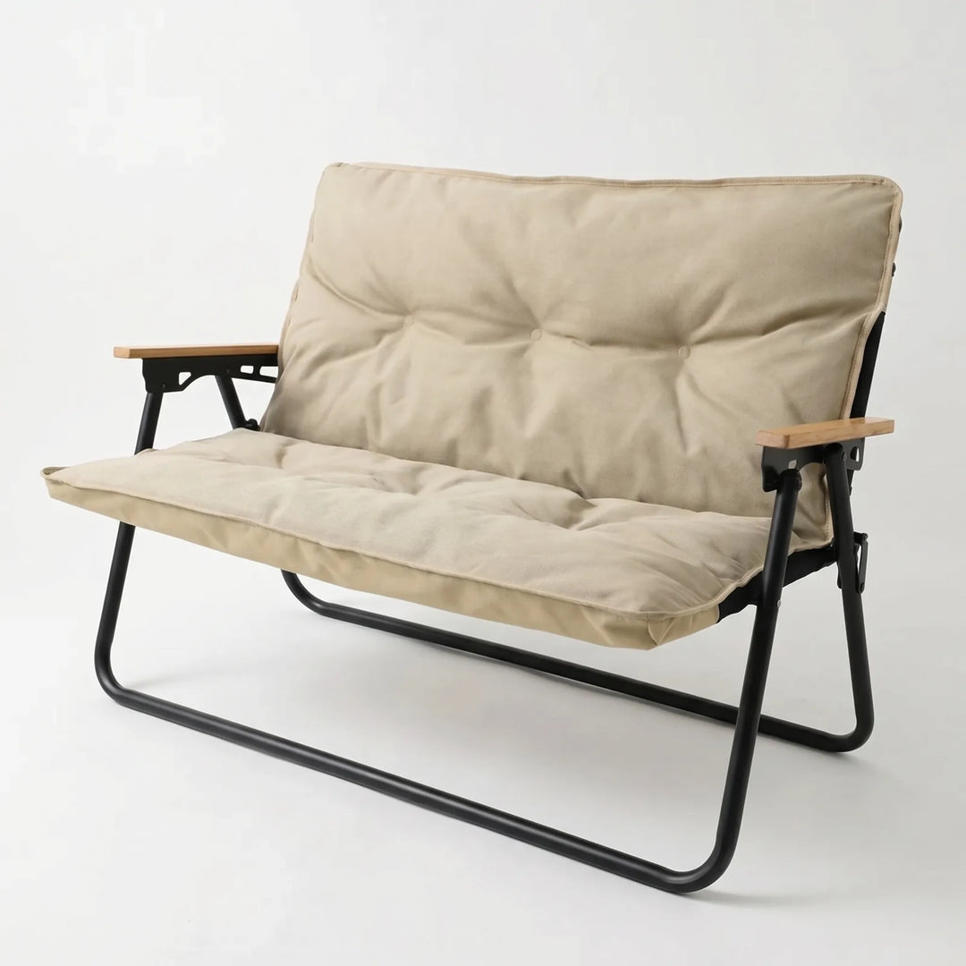 Durable two-person folding outdoor sofa, portable for camping, travel & patio seating.