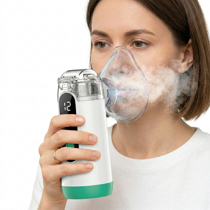 Portable USB rechargeable mist inhaler for easy breathing & respiratory relief on-the-go. Compact, quiet operation.