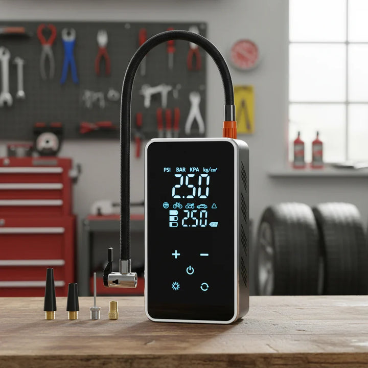 Portable wireless air pump with touchscreen, ideal for car, bicycle, and motorcycle tires, 150 PSI inflator.