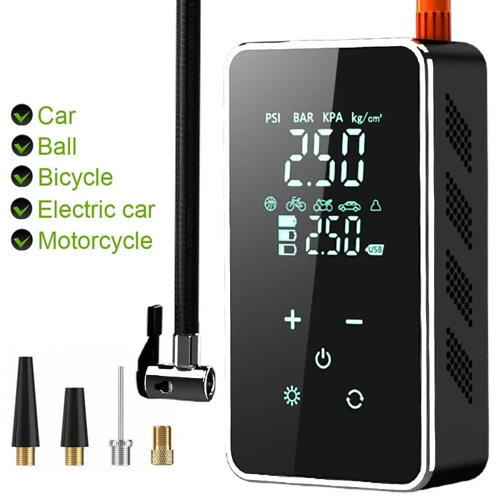 Multi-purpose wireless air pump, 150 PSI with touchscreen, great for bicycle, motorcycle, and car tire inflation.