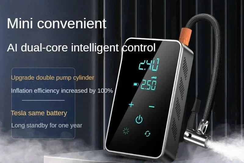 Emergency portable air inflator with touchscreen display, 150 PSI for car, motorcycle, and bicycle tires.