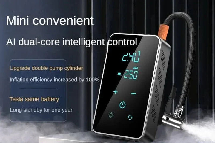 Emergency portable air inflator with touchscreen display, 150 PSI for car, motorcycle, and bicycle tires.