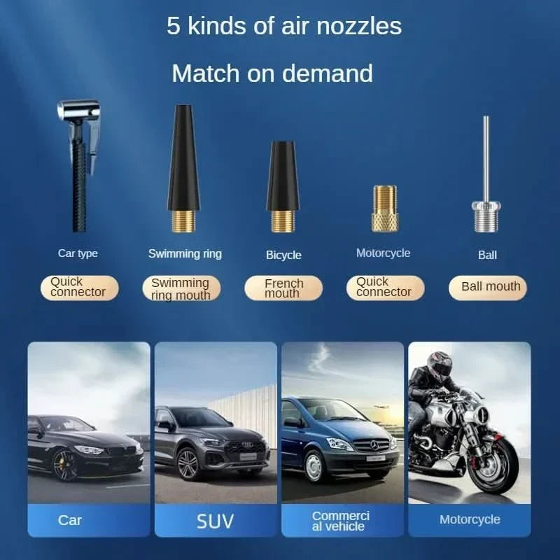 Wireless car accessory: digital tire pump with touchscreen. 150 PSI compact inflator for road emergencies.