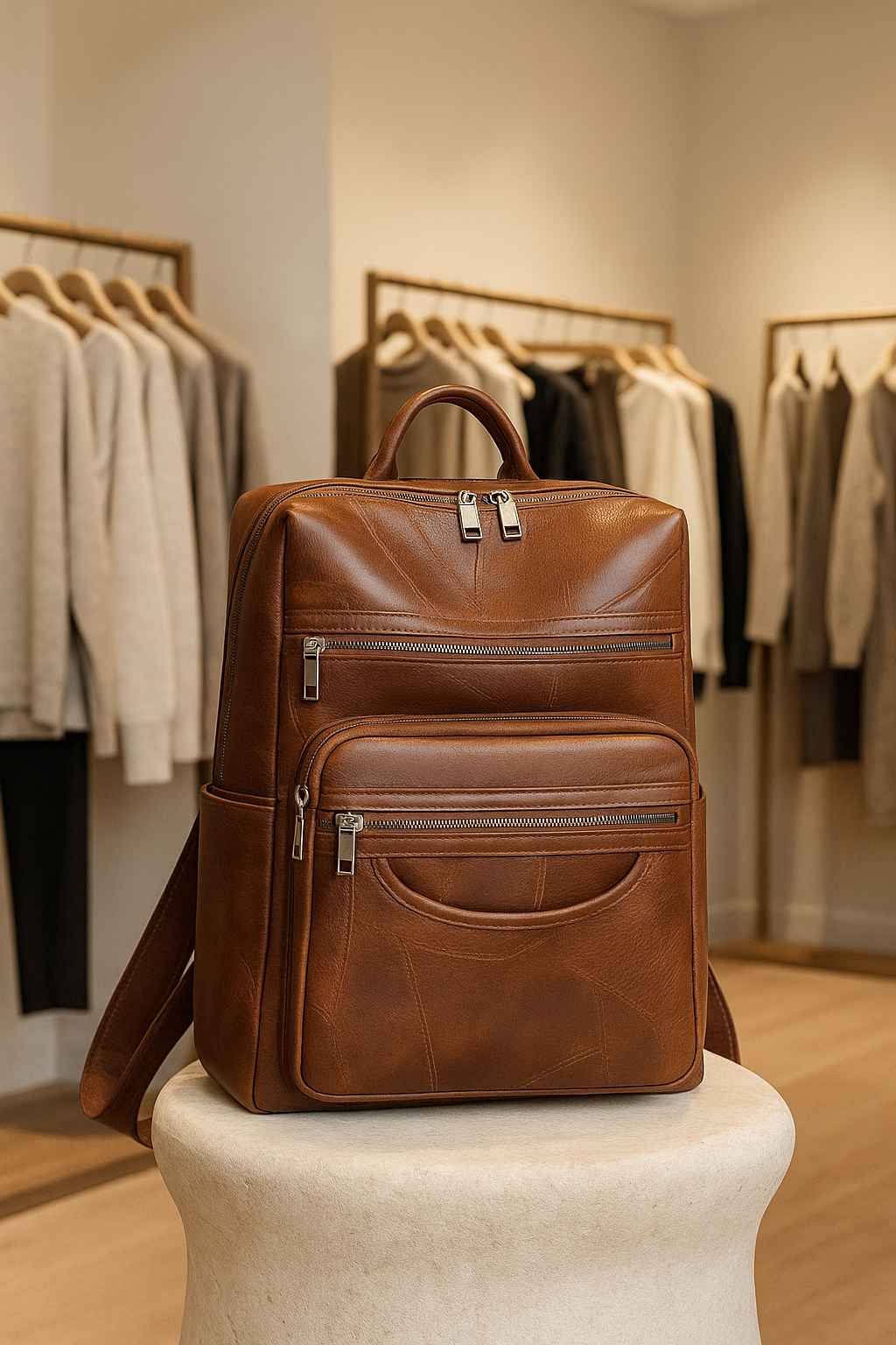 Premium black leather women's everyday backpack, ideal for daily use & stylish travel. Fashionable shoulder bag.