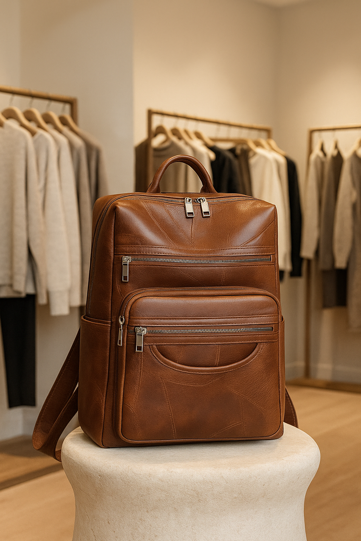 Premium black leather women's everyday backpack, ideal for daily use & stylish travel. Fashionable shoulder bag.