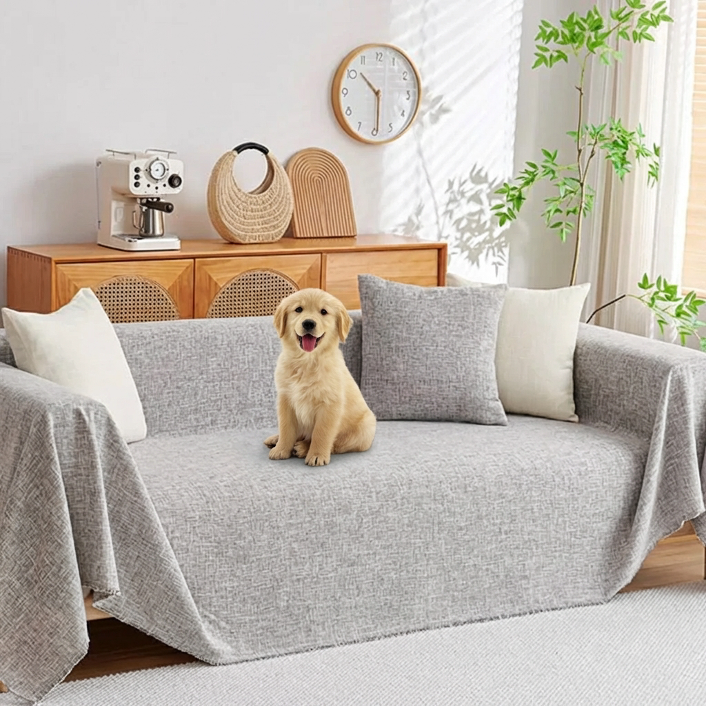 Premium cotton linen sectional sofa cover in a neutral color, offering durable pet-friendly furniture protection and stylish home decor.