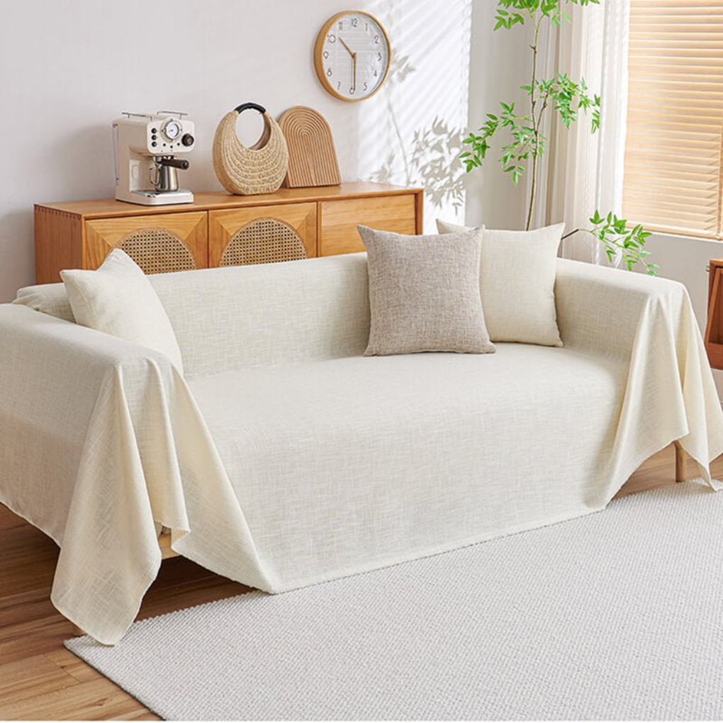 Khaki premium cotton linen couch cover for sectional sofas, enhancing living room decor while protecting furniture from pets.