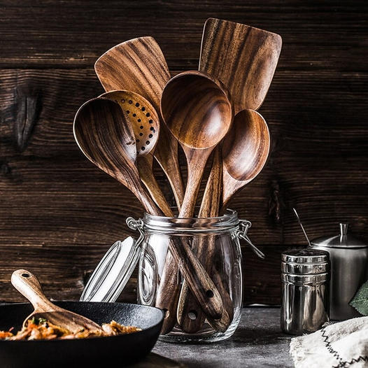 Premium Teak Wood Kitchen Utensil Set for healthy cooking. Eco-friendly, durable wooden spoons for all cookware.