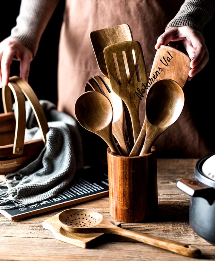 Rustic yet sleek teak wood kitchen utensils. Natural, durable cooking tools for healthy everyday meal prep.