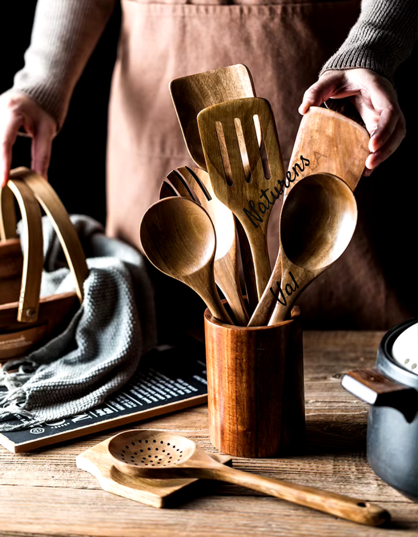 Complete teak wood kitchen utensil set. Premium, eco-friendly wooden spoons for healthy, sustainable cooking.