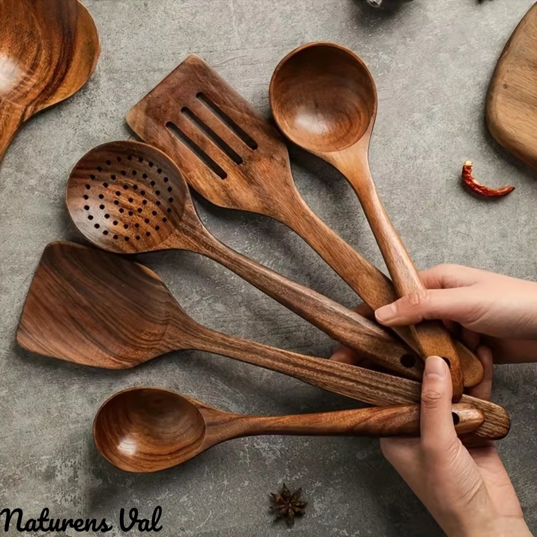 Natural teak wood kitchen utensil set. Eco-friendly cooking tools for a healthy, minimalist kitchen design.