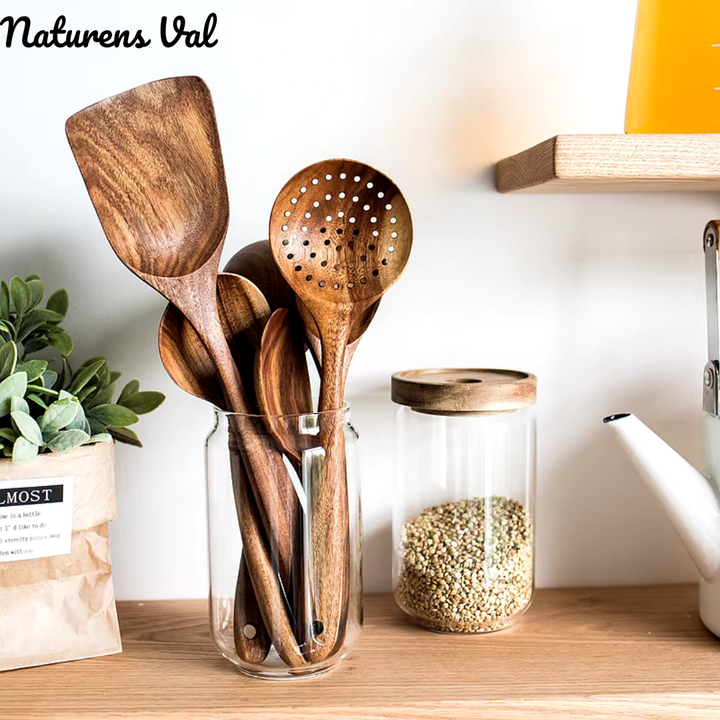 Teak wood cooking tools set: wooden spoons, spatulas, safe for all cookware. Healthy kitchen essentials.