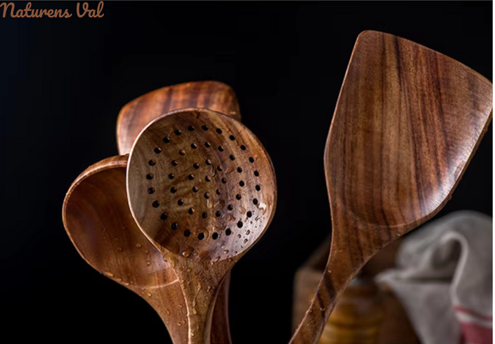 Minimalist design teak wood kitchen utensils. Durable, natural cooking tools for healthy, eco-friendly meals.