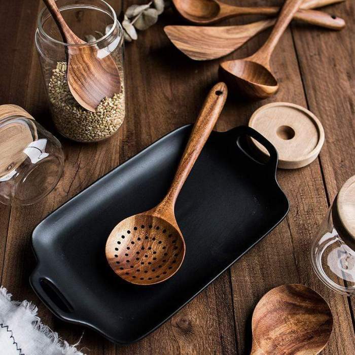 High-quality teak wood kitchen utensil set. Healthy cooking tools, eco-friendly & safe for non-stick cookware.