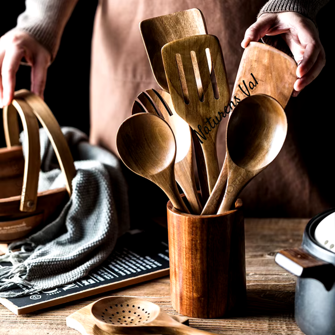 Handcrafted teak wood kitchen utensil set. Sustainable, natural cooking tools for a healthy, modern kitchen.