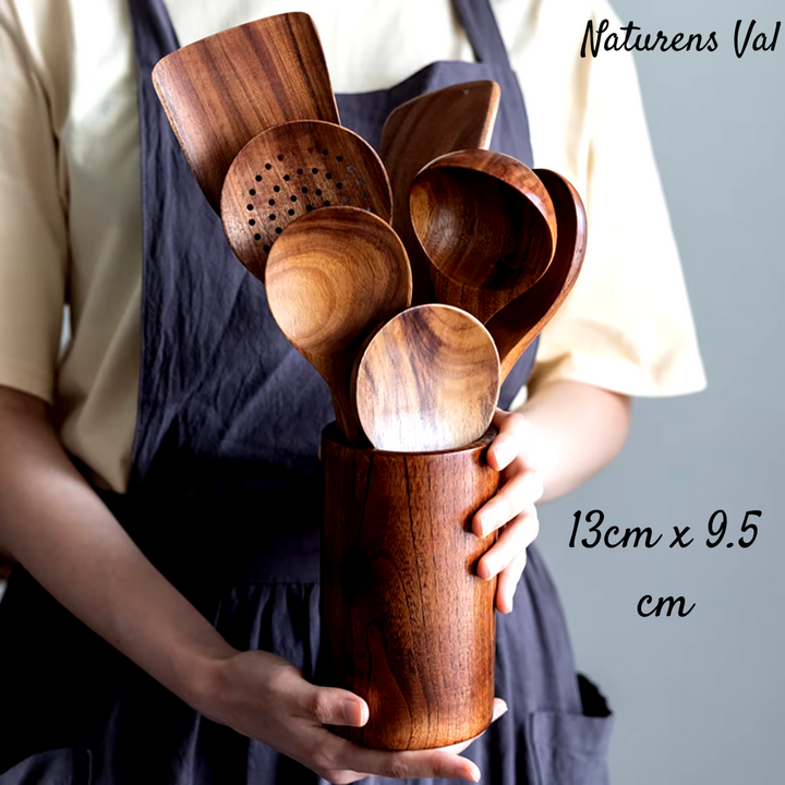 Essential teak wood kitchen utensils for healthy cooking. Durable, eco-friendly wooden spoons & spatulas.