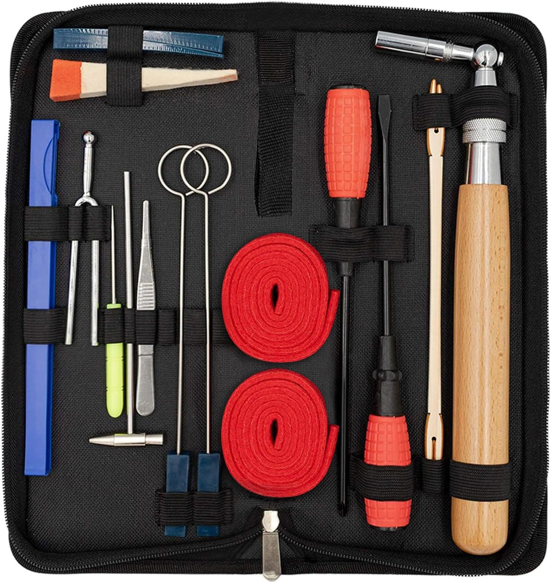 Professional 16-piece piano tuning kit with a durable storage case for complete instrument maintenance.