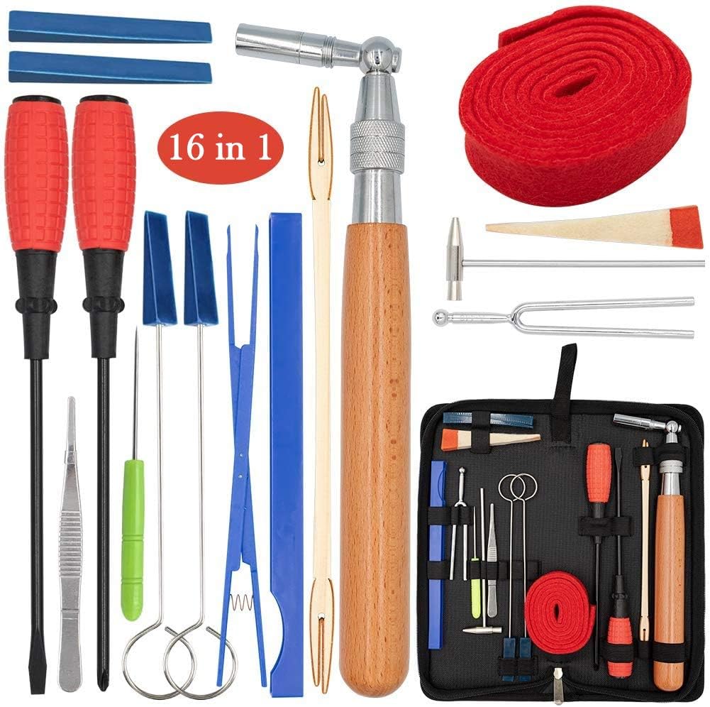 Professional-grade 16-piece piano tuning and repair kit, essential for musicians and technicians.