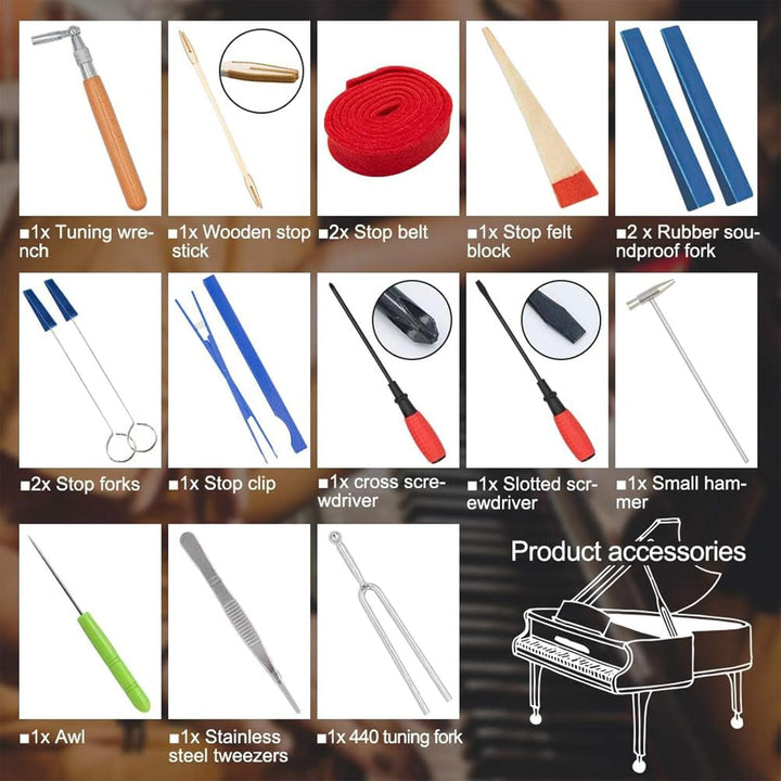 Organized 16-piece piano tuning tool set in a protective storage case, ideal for instrument maintenance.