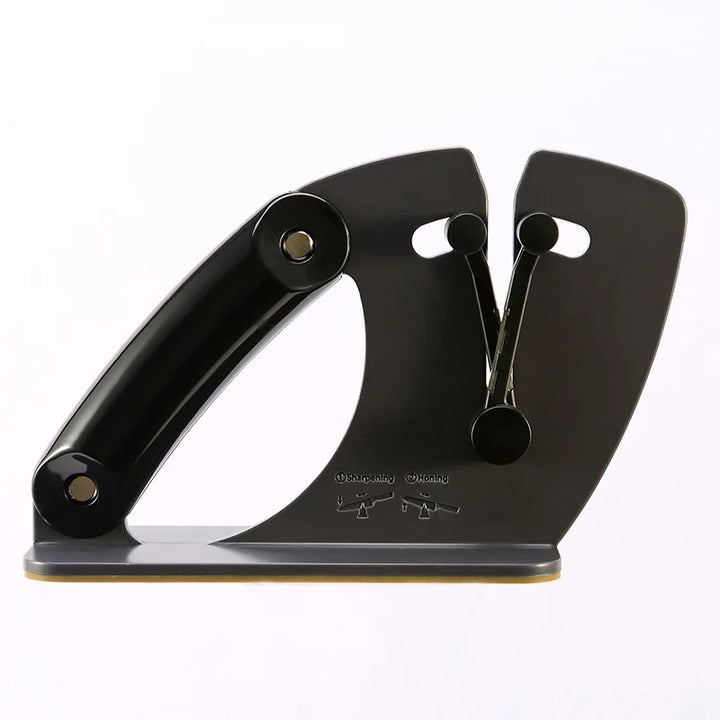 Heavy-duty triple-action knife sharpener with diamond, ceramic, tungsten stages for superior blade edge.