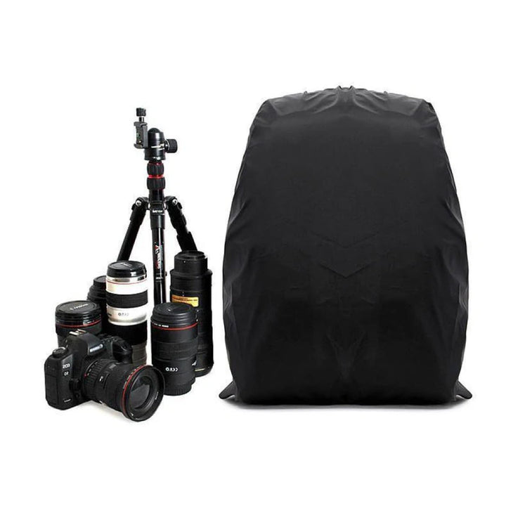 Interior view of camera backpack with padded compartments for DSLR camera, lenses & photo accessories.