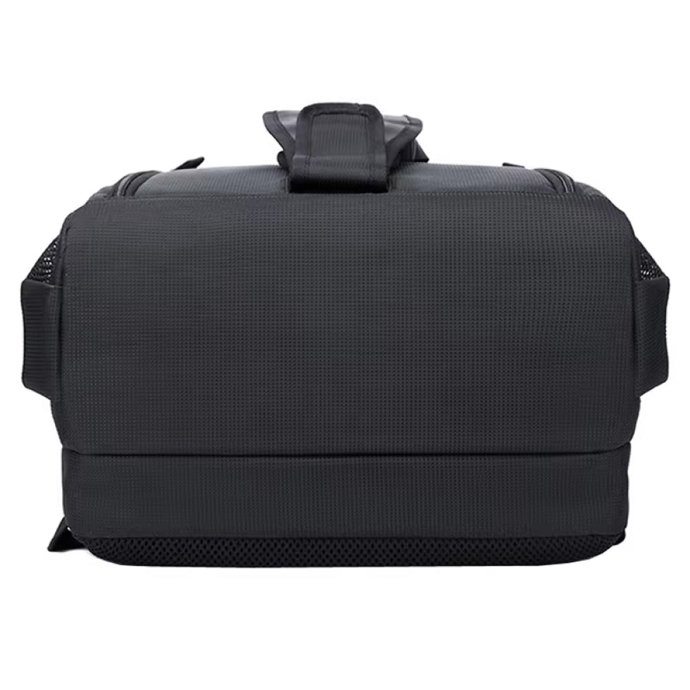 Photographer wearing a waterproof professional camera backpack, ideal for travel and outdoor photography.