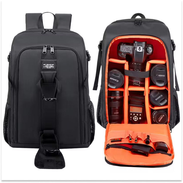 Ergonomic back panel and padded straps of a professional unisex camera backpack, comfortable for travel.